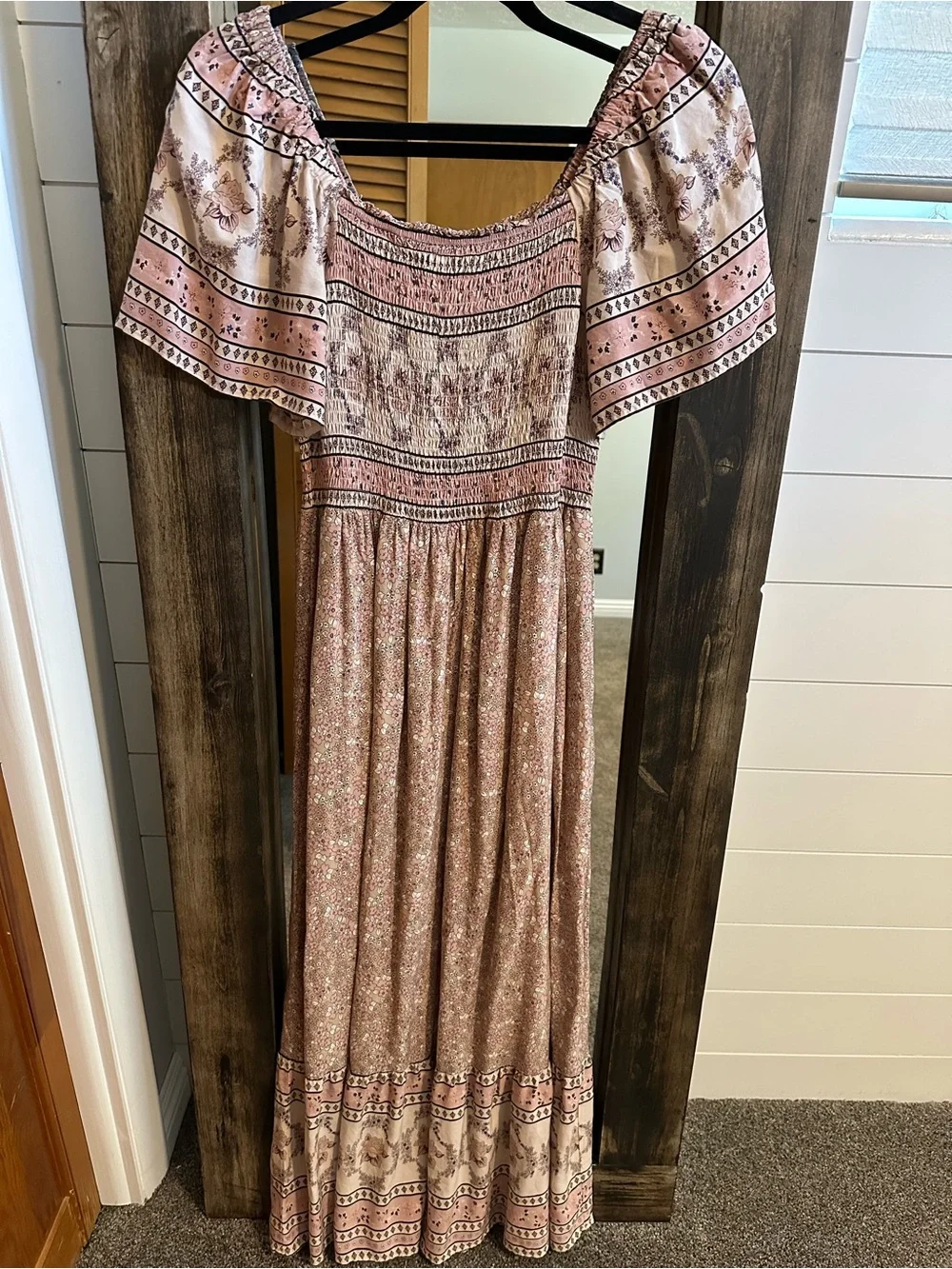 Bohme Pink Floral Smocked Maxi Dress Small Cottagecore Boho Prairie Fairycore